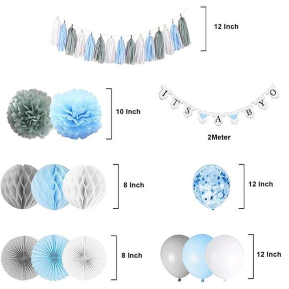 Baby Shower Decorations for Boy, It’s A Boy Banner with Paper Fan Tissue Pompoms - Picture 4 of 4